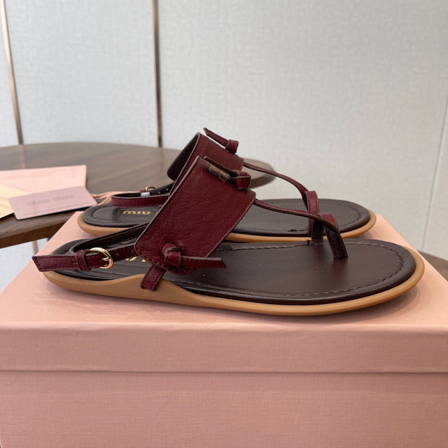 MIUMIU 26S FLIP FLOPS IN DARK BROWN AND BURGUNDY RED CALFSKIN