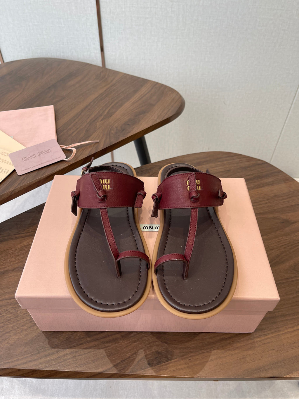 MIUMIU 26S FLIP FLOPS IN DARK BROWN AND BURGUNDY RED CALFSKIN