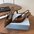 PRADA 26S SLINGBACK PUMPS 75MM IN DARK BROWN SUEDE WITH LOGO
