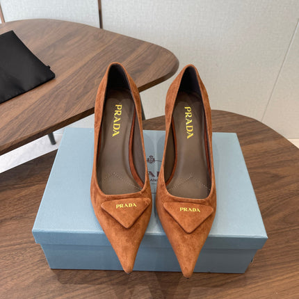 PRADA 26S POINTED TOE HIGH HEELS 75MM IN CARAMEL BROWN SUEDE WITH LOGO