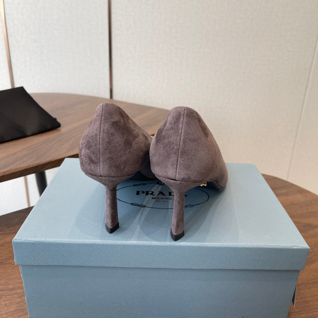 PRADA 26S SLINGBACK PUMPS 75MM IN TAUPE BROWN SUEDE WITH LOGO