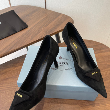 PRADA 26S POINTED TOE HIGH HEELS 75MM IN BLACK SUEDE WITH LOGO