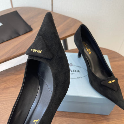 PRADA 26S POINTED TOE HIGH HEELS 75MM IN BLACK SUEDE WITH LOGO