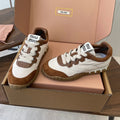 MIUMIU 26S SNEAKERS IN WHITE AND CARAMEL BROWN FABRIC AND SUEDE