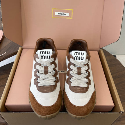 MIUMIU 26S SNEAKERS IN WHITE AND CARAMEL BROWN FABRIC AND SUEDE