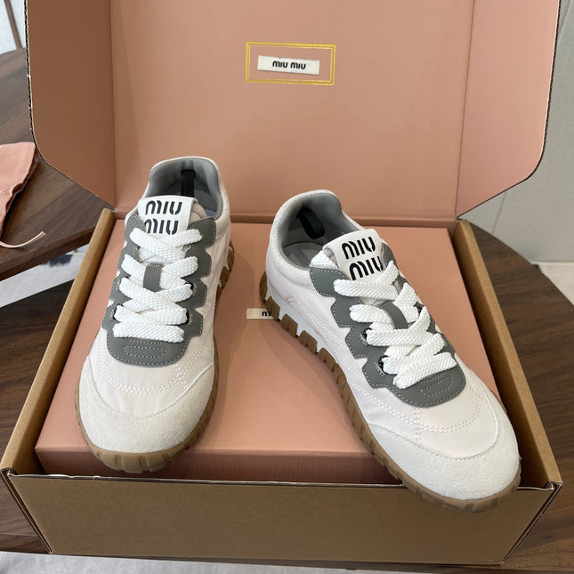 MIUMIU 26S SNEAKERS IN WHITE AND GRAY FABRIC AND SUEDE
