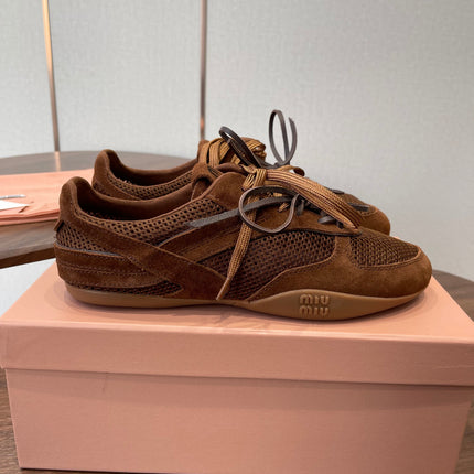 MIUMIU 26S SNEAKERS IN CARAMEL BROWN MESH AND SUEDE