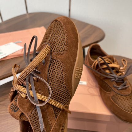 MIUMIU 26S SNEAKERS IN CARAMEL BROWN MESH AND SUEDE