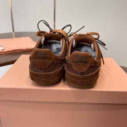MIUMIU 26S SNEAKERS IN CARAMEL BROWN MESH AND SUEDE