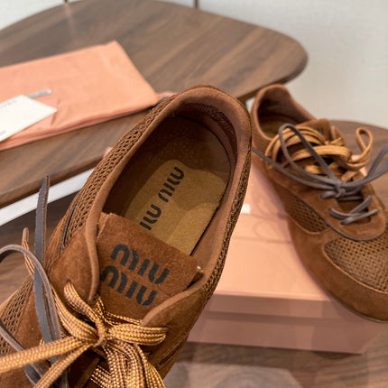 MIUMIU 26S SNEAKERS IN CARAMEL BROWN MESH AND SUEDE