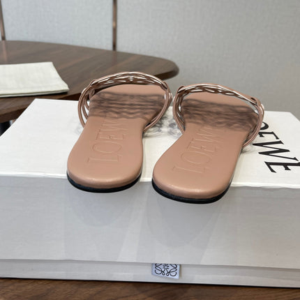 LOEWE 26S PETAL ANAGRAM SLIDE IN TAUPE BROWN CALFSKIN