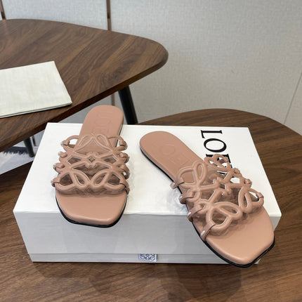 LOEWE 26S PETAL ANAGRAM SLIDE IN TAUPE BROWN CALFSKIN