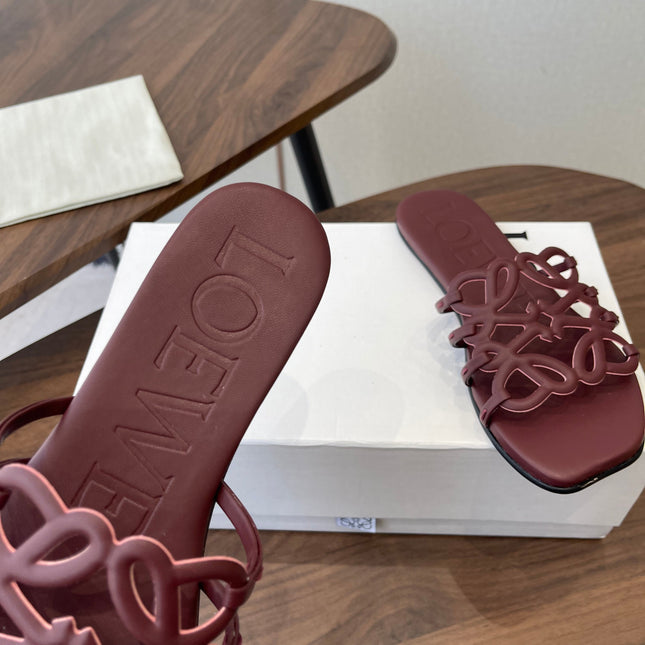 LOEWE 26S PETAL ANAGRAM SLIDE IN WINE RED CALFSKIN