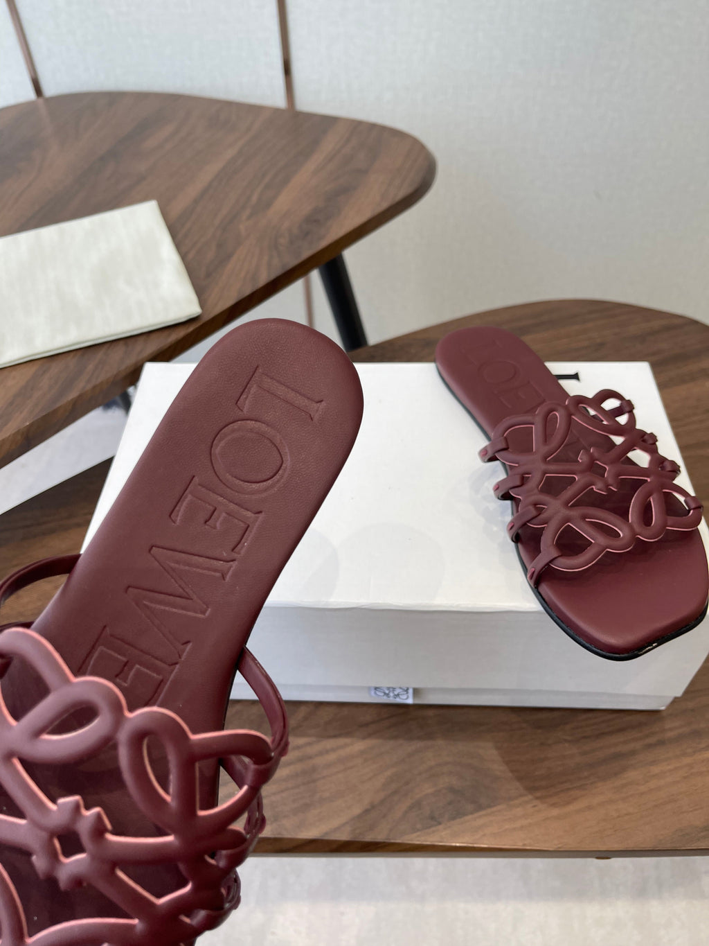 LOEWE 26S PETAL ANAGRAM SLIDE IN WINE RED CALFSKIN