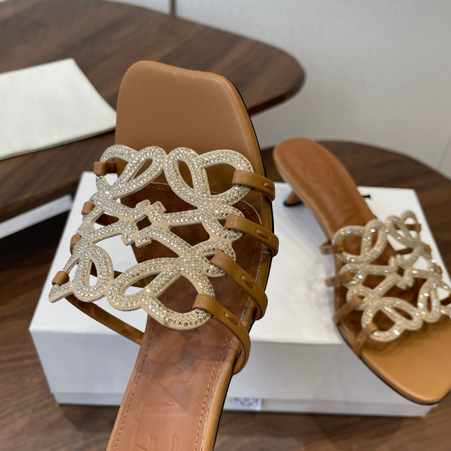LOEWE 26S HIGH HEEL SANDALS IN CAMEL BROWN CALFSKIN WITH CRYSTALS