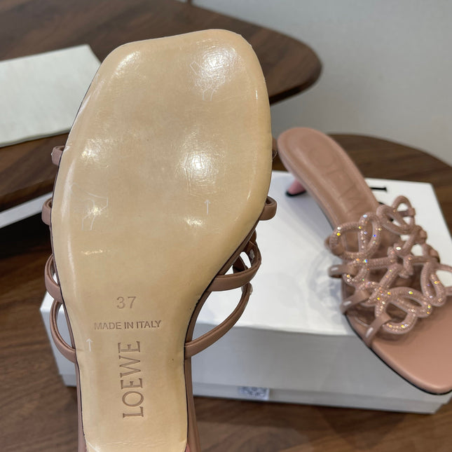 LOEWE 26S HIGH HEEL SANDALS IN TAUPE BROWN CALFSKIN WITH CRYSTALS