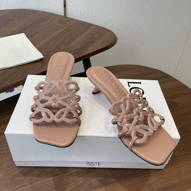 LOEWE 26S HIGH HEEL SANDALS IN TAUPE BROWN CALFSKIN WITH CRYSTALS