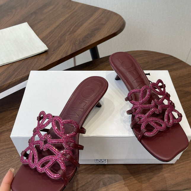 LOEWE 26S HIGH HEEL SANDALS IN WINE RED CALFSKIN WITH CRYSTALS