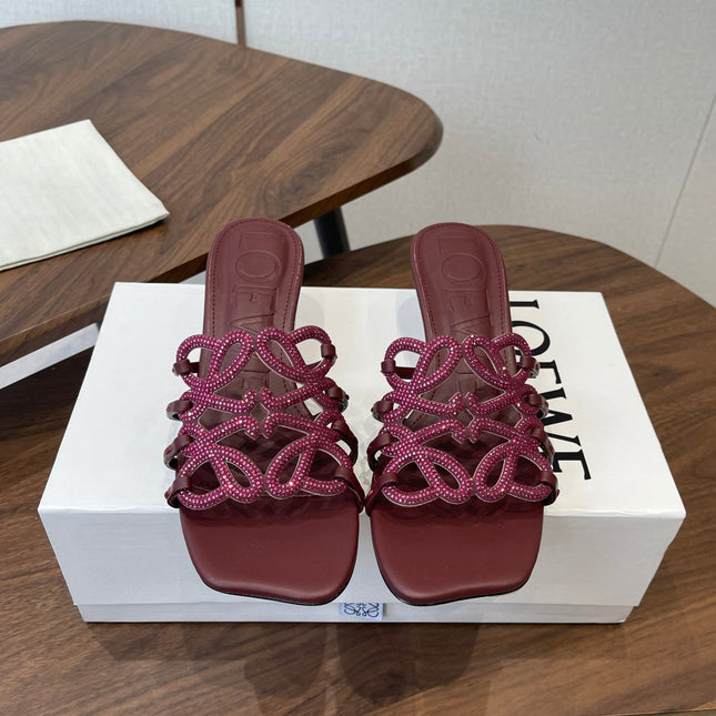 LOEWE 26S HIGH HEEL SANDALS IN WINE RED CALFSKIN WITH CRYSTALS