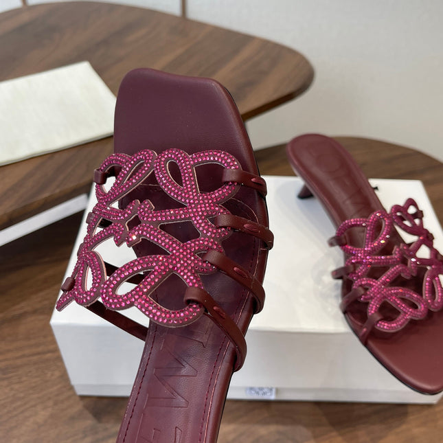 LOEWE 26S HIGH HEEL SANDALS IN WINE RED CALFSKIN WITH CRYSTALS