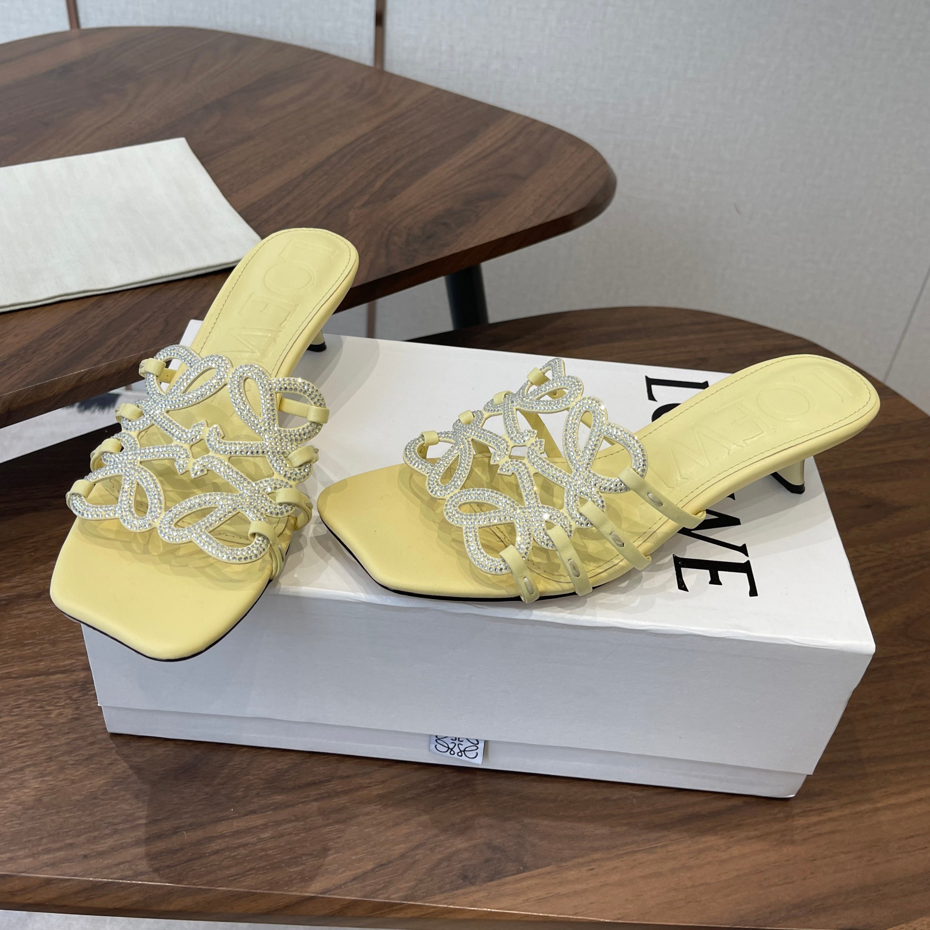 LOEWE 26S HIGH HEEL SANDALS IN BUTTER YELLOW CALFSKIN WITH CRYSTALS
