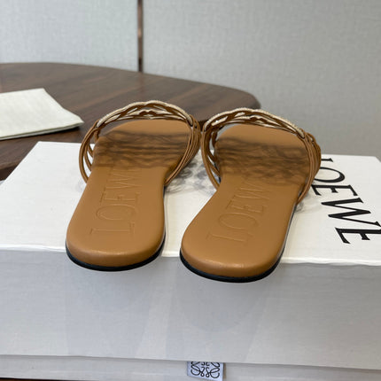 LOEWE 26S FLAT SANDALS IN CAMEL BROWN CALFSKIN WITH CRYSTALS