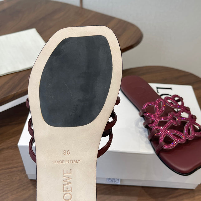 LOEWE 26S FLAT SANDALS IN WINE RED CALFSKIN WITH CRYSTALS
