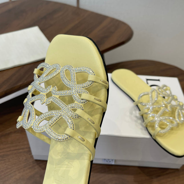LOEWE 26S FLAT SANDALS IN YELLOW CALFSKIN WITH CRYSTALS