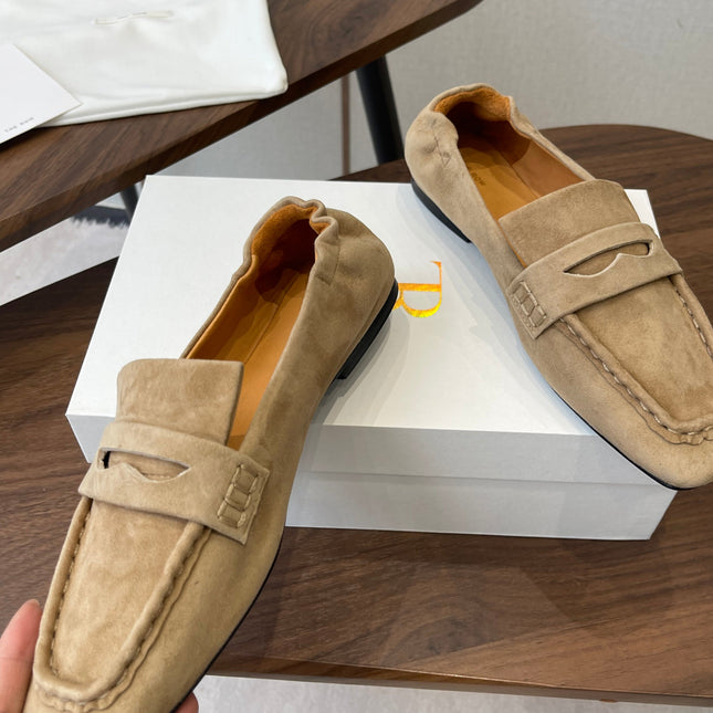 THE ROW 26S SQUARE TOE LOAFERS IN BEIGE SUEDE