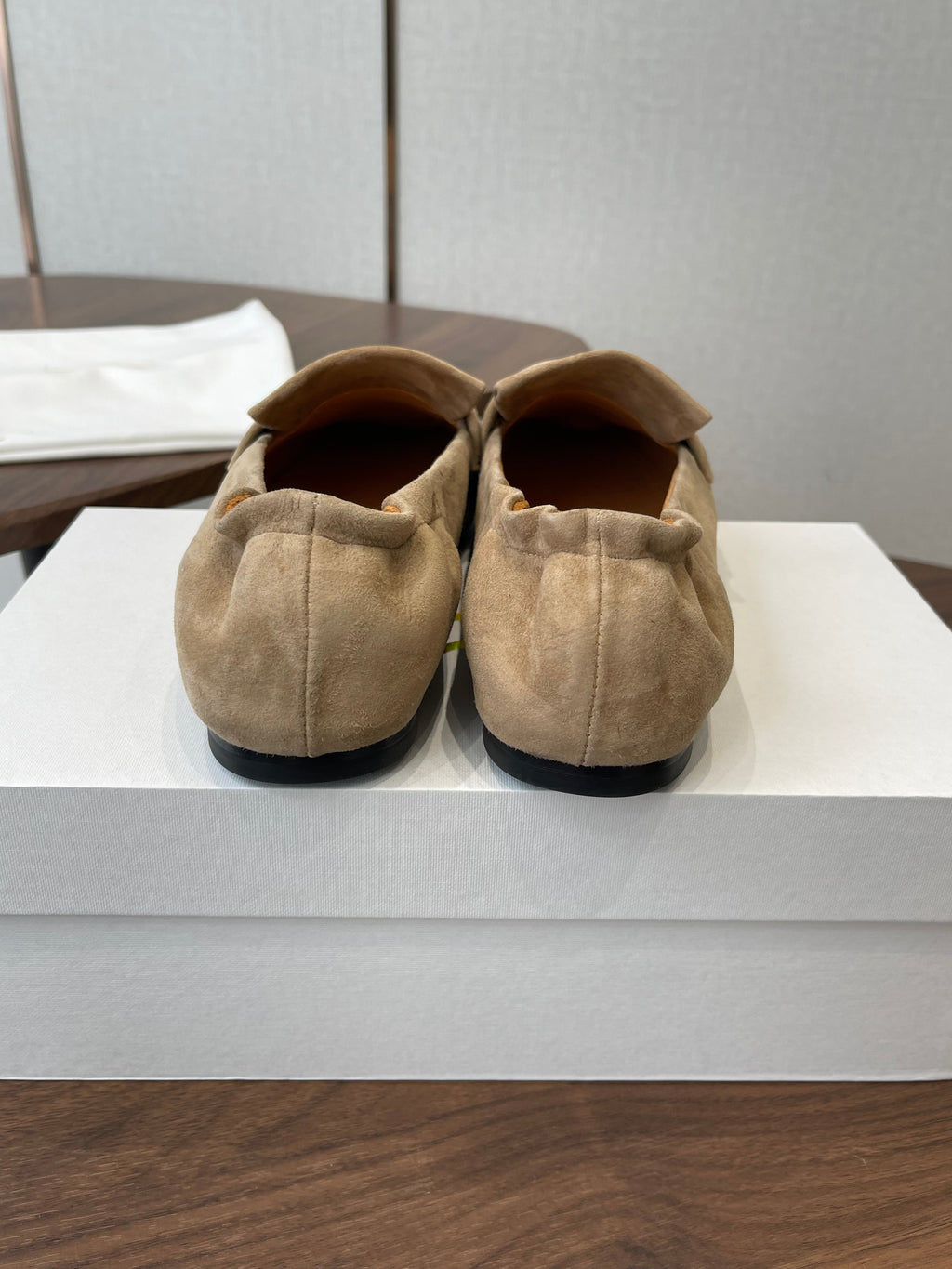 THE ROW 26S SQUARE TOE LOAFERS IN BEIGE SUEDE