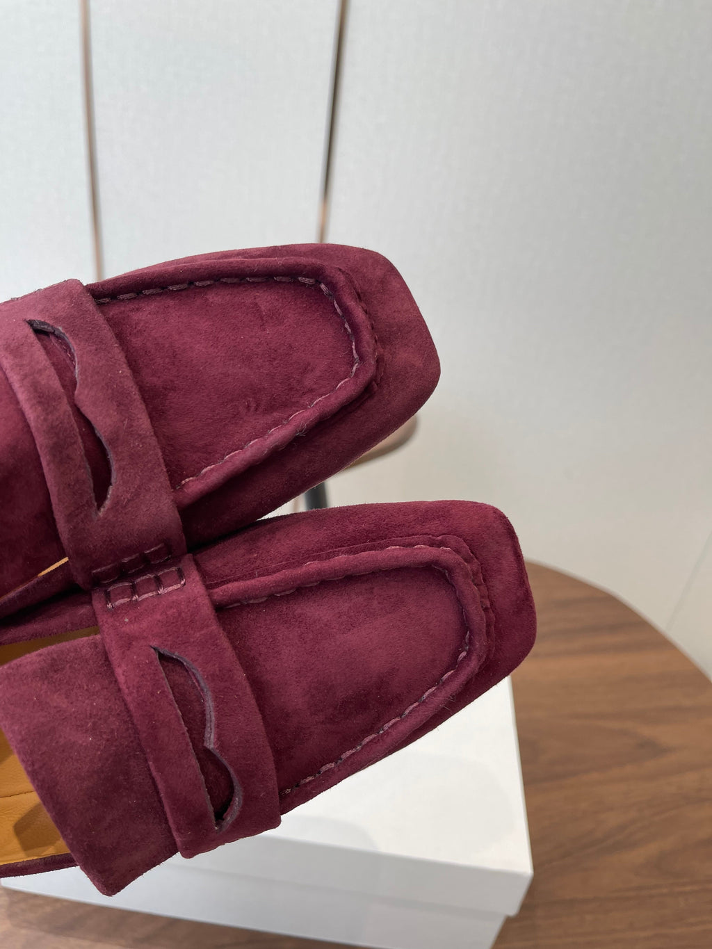 THE ROW 26S SQUARE TOE LOAFERS IN BURGUNDY RED SUEDE