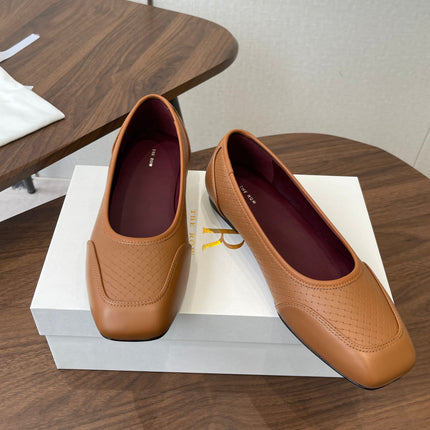 THE ROW 26S SQUARE TOE  BALLET FLATS IN CARAMEL BROWN CALFSKIN