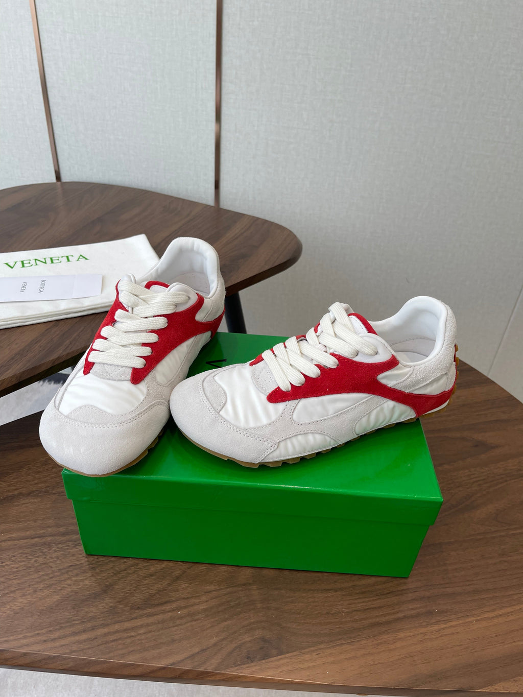 BOTTEGA VENETA 26S ORBIT FLASH SNEAKERS IN WHITE AND RED SUEDE
