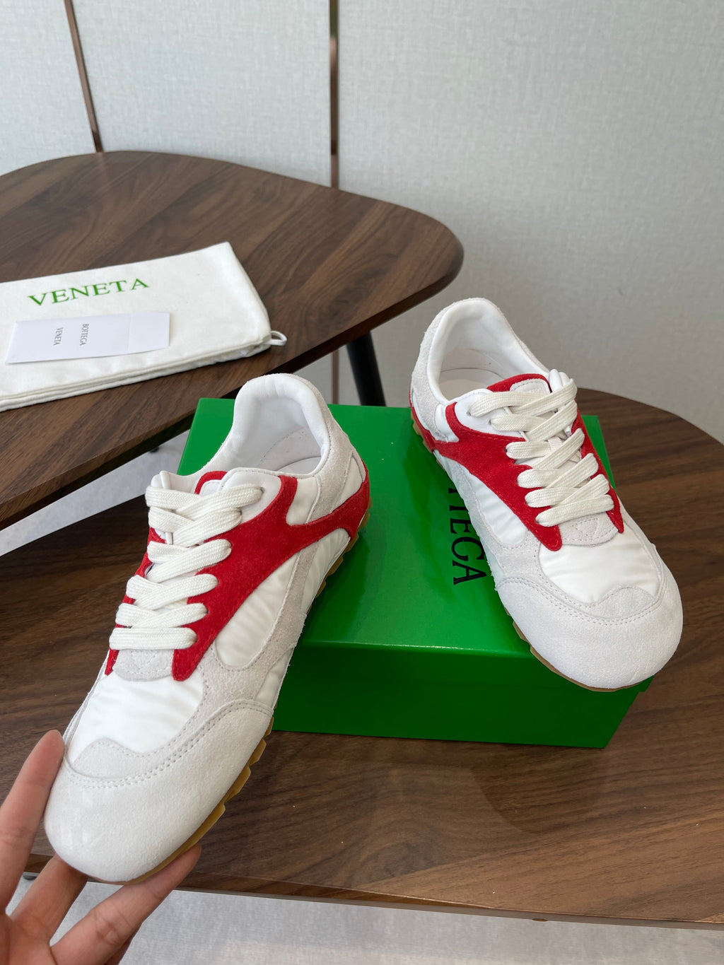 BOTTEGA VENETA 26S ORBIT FLASH SNEAKERS IN WHITE AND RED SUEDE