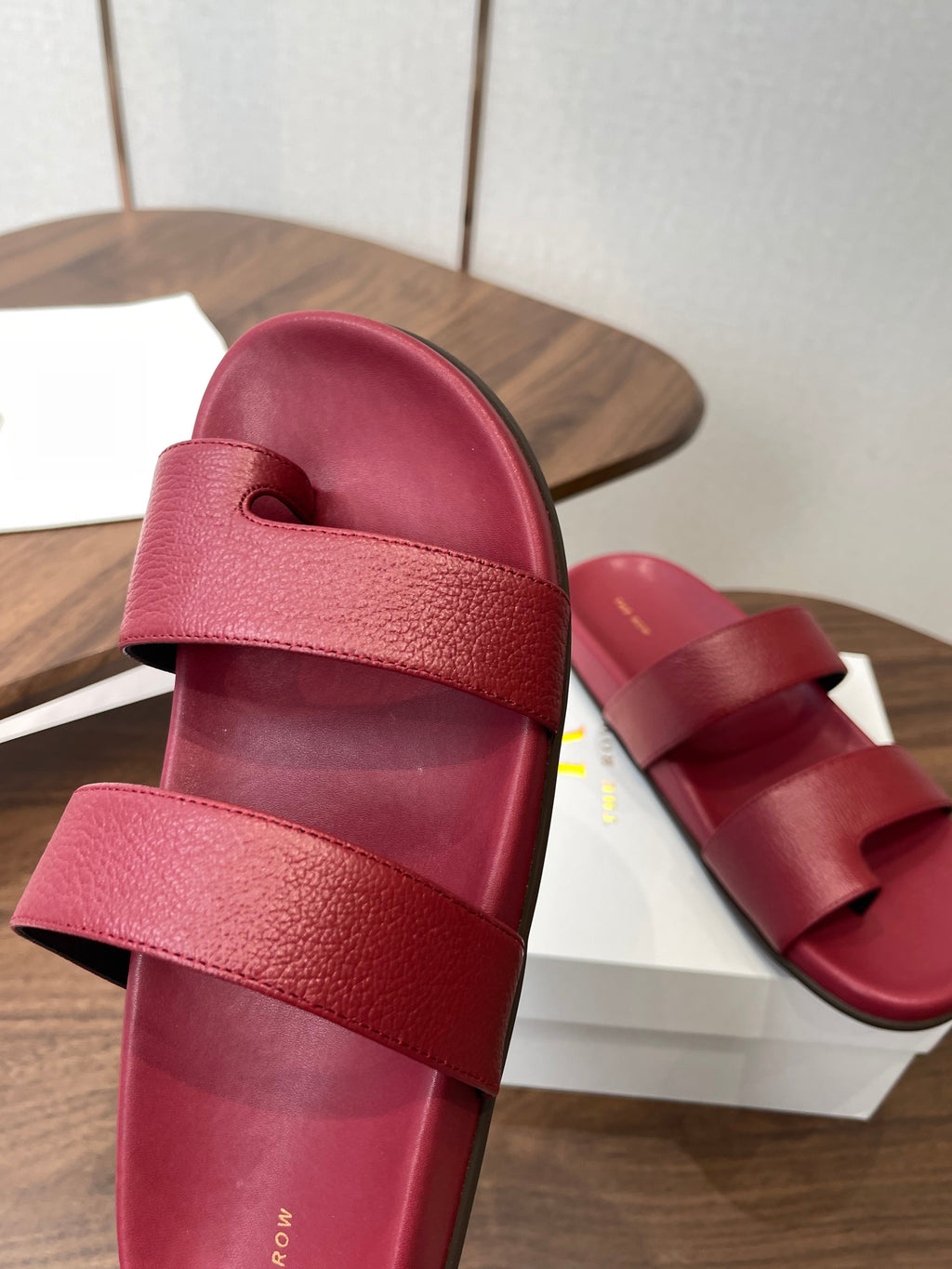 THE ROW 26S DOUBLE STRAP TOE LOOP SLIDE SANDALS IN DARK RED CALFSKIN