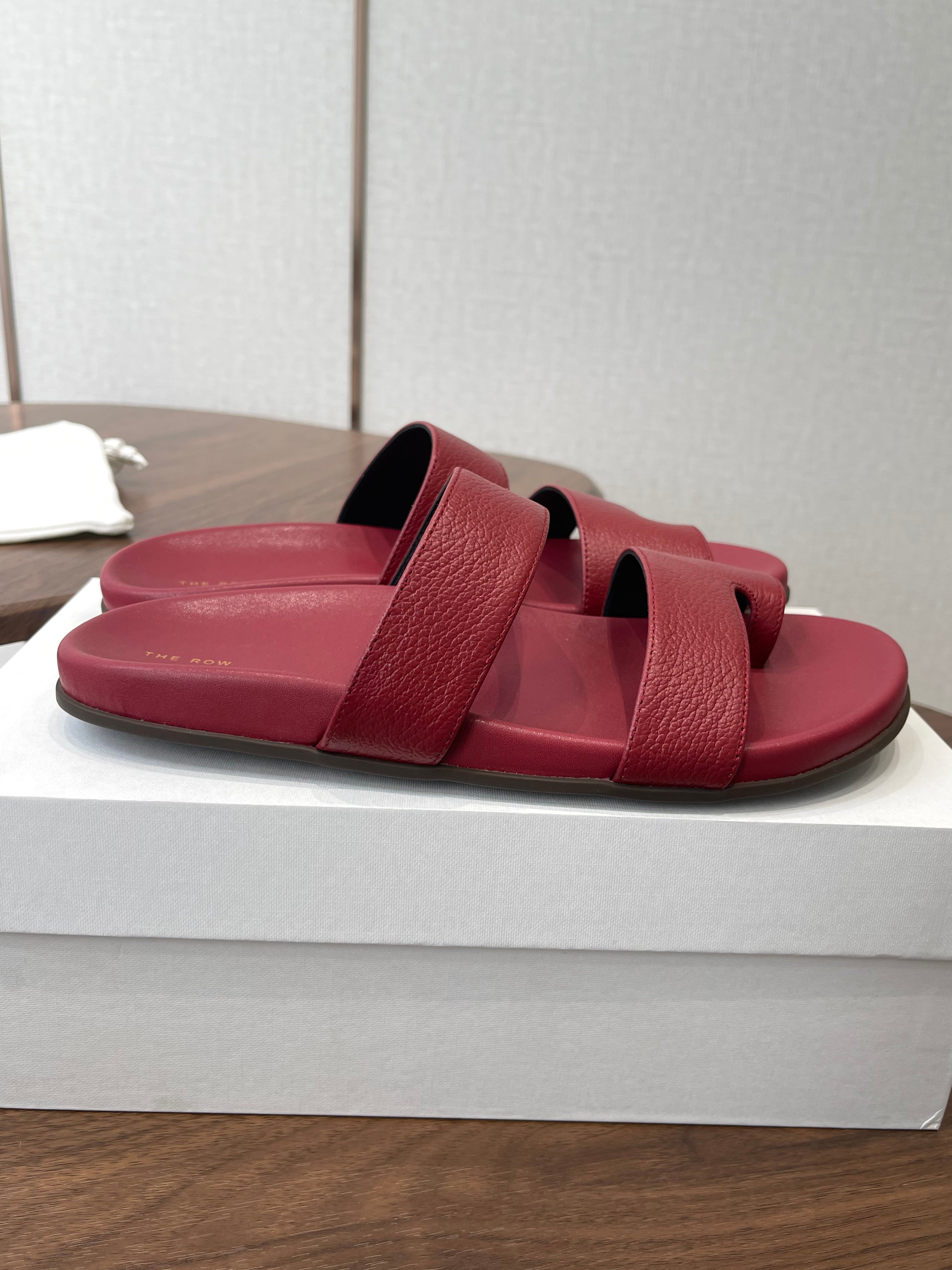 THE ROW 26S DOUBLE STRAP TOE LOOP SLIDE SANDALS IN DARK RED CALFSKIN