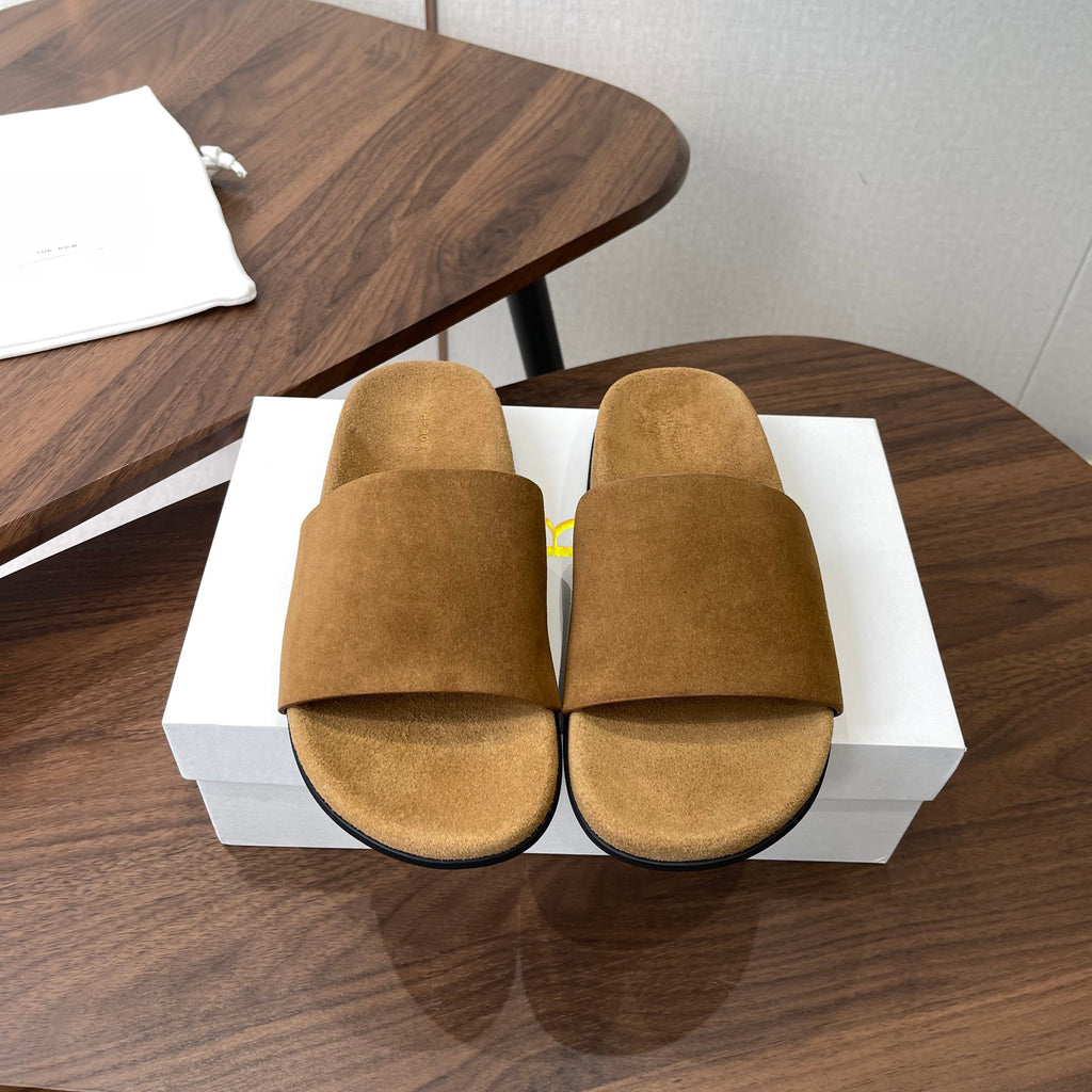 THE ROW 26S SLIDE SANDALS IN GOLD BROWN SUEDE