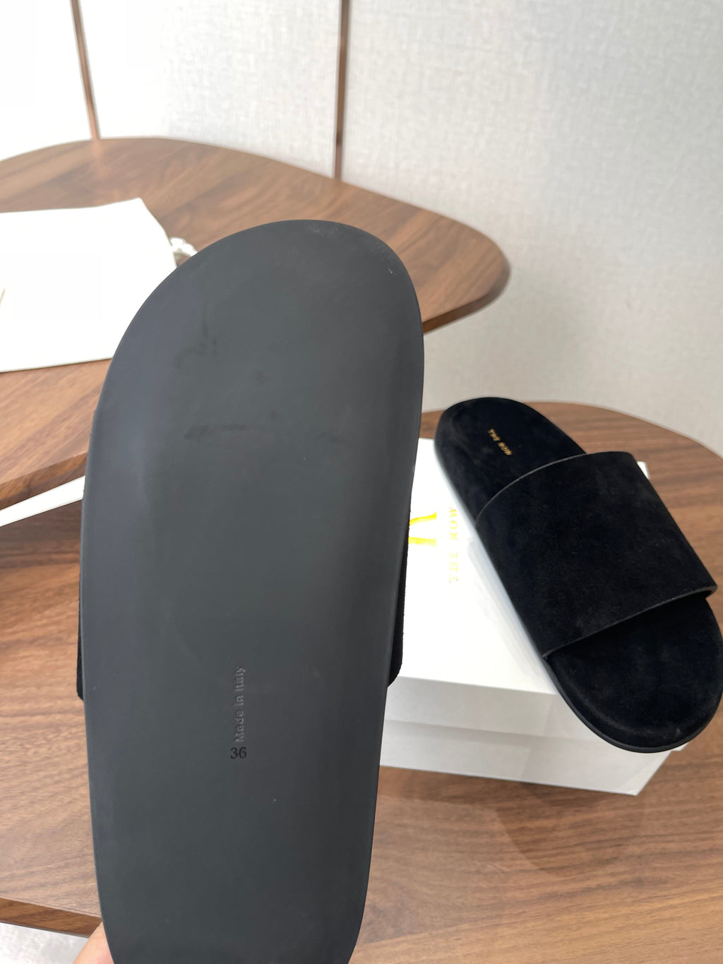 THE ROW 26S SLIDE SANDALS IN BLACK SUEDE