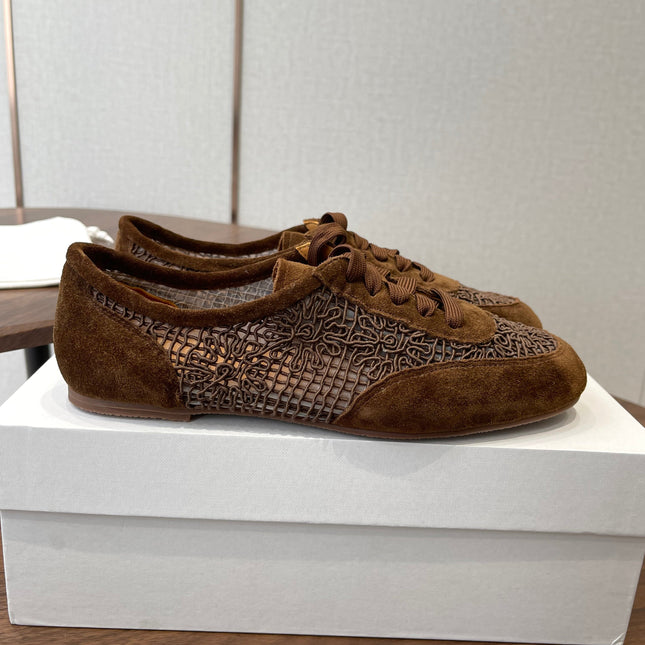 THE ROW 26S LACE UP SNEAKERS IN CARAMEL BROWN SUEDE