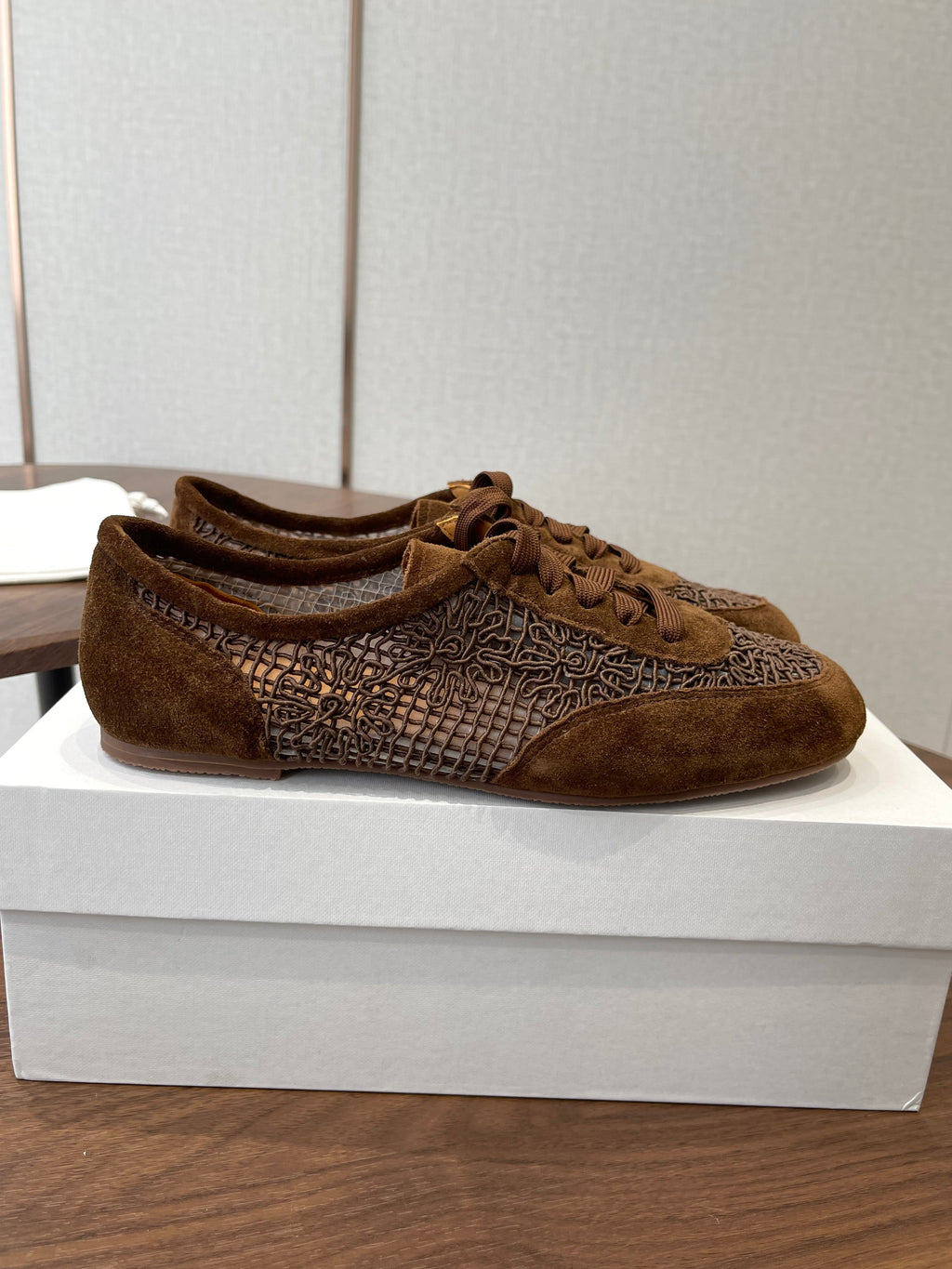 THE ROW 26S LACE UP SNEAKERS IN CARAMEL BROWN SUEDE