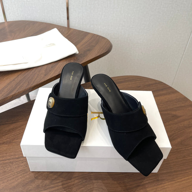 THE ROW 26S BUTTON DETAIL MULE HEELS 70MM IN BLACK SUEDE