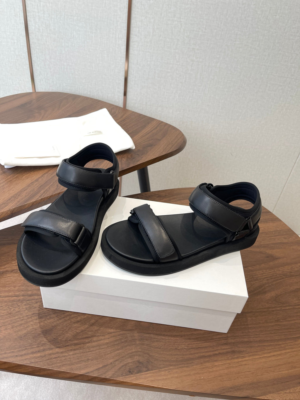 THE ROW 26S DOUBLE STRAP SANDALS IN BLACK CALFSKIN