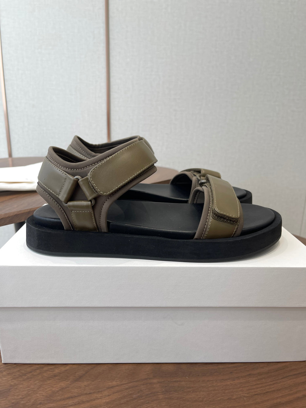 THE ROW 26S DOUBLE STRAP SANDALS IN OLIVE GREEN CALFSKIN