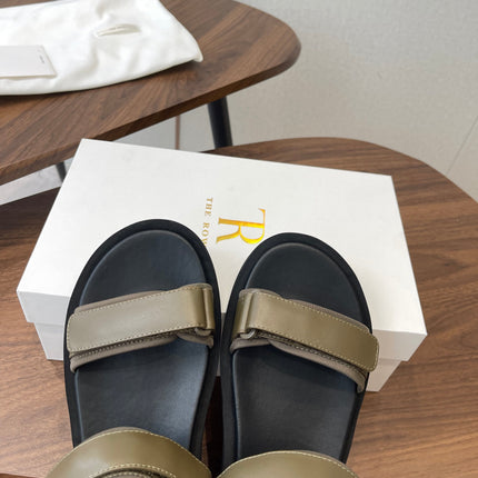 THE ROW 26S DOUBLE STRAP SANDALS IN OLIVE GREEN CALFSKIN