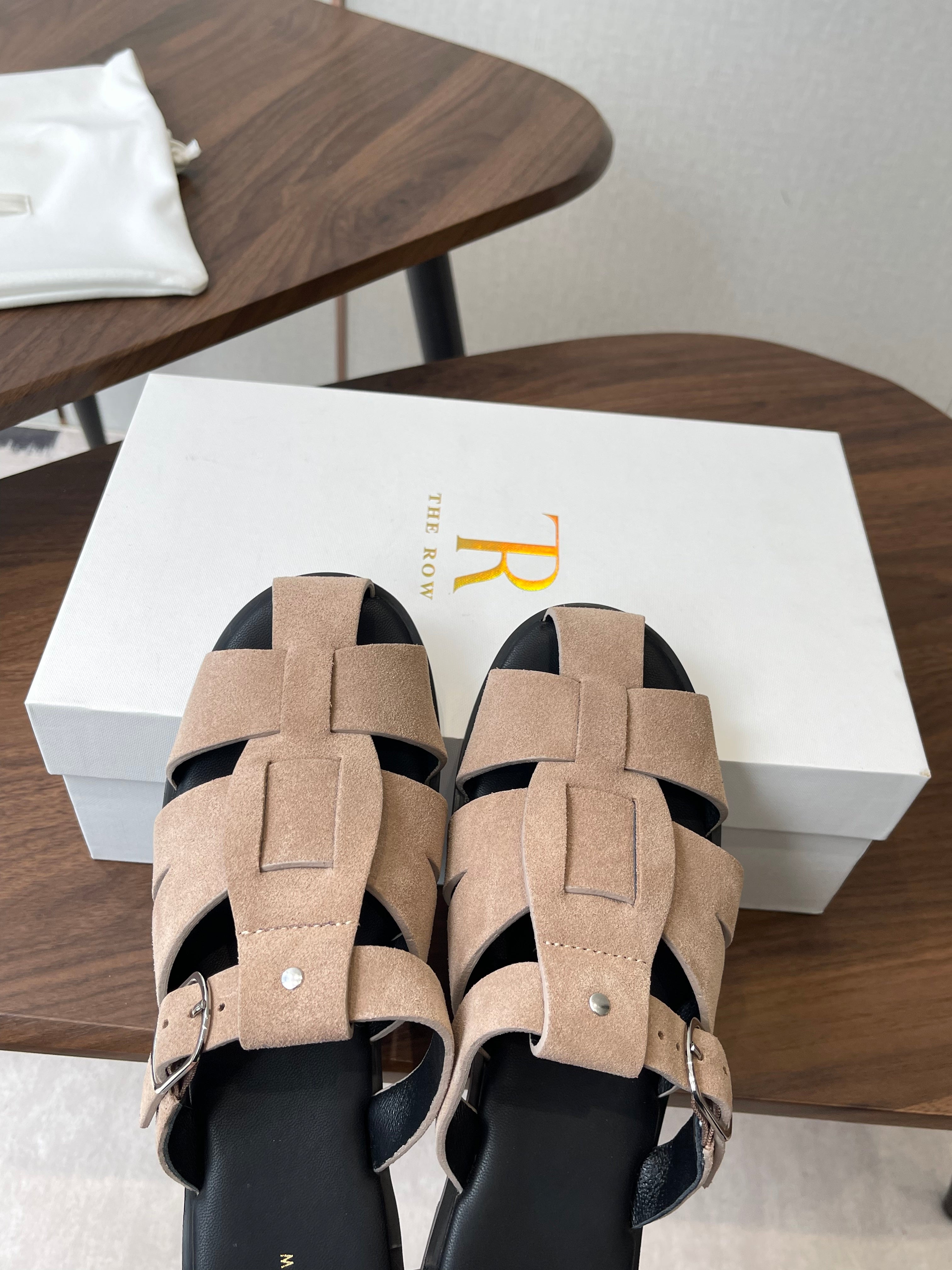 THE ROW 26S GLADIATOR SLIDE SANDALS IN TAUPE BEIGE SUEDE
