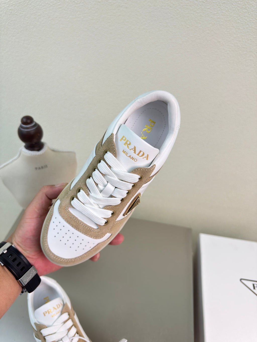 PRADA 26S DOWNTOWN THICK SOLE SNEAKERS IN WHITE CALFSKIN AND BROWN SUEDE