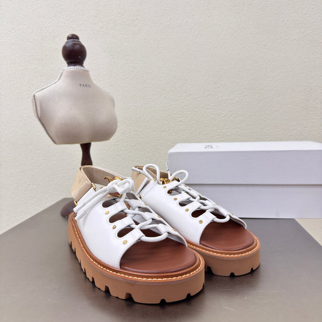 CELINE 25S BILLIE CHUNKY SANDAL IN WHITE CALFSKIN AND TEXTILE