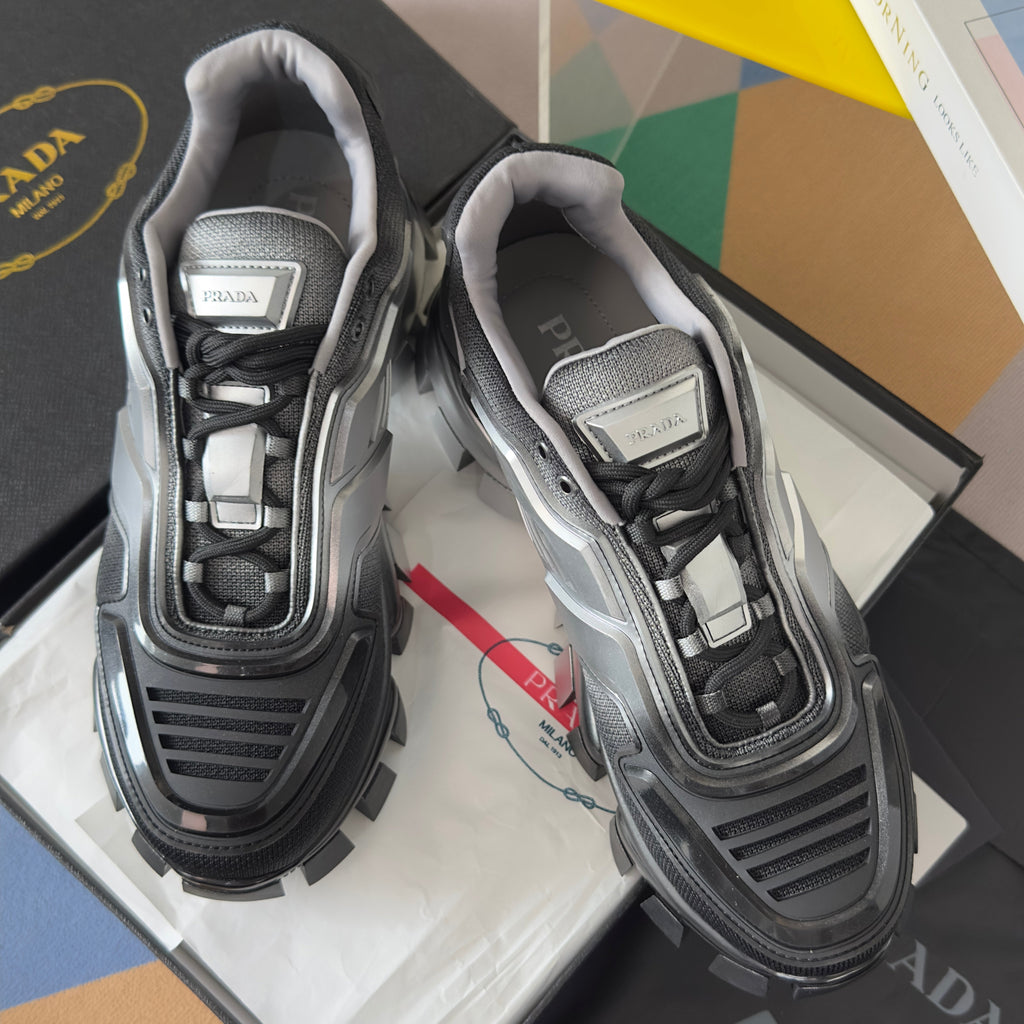 PRADA 26S CLOUDBUST THUNDER SNEAKERS 60MM IN BLACK AND SILVER MESH FABRIC AND TPU