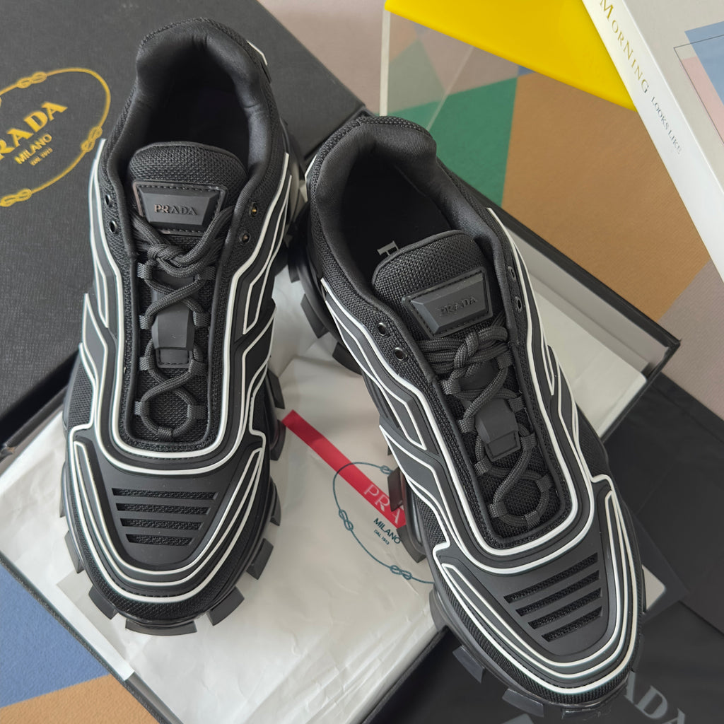 PRADA 26S CLOUDBUST THUNDER SNEAKERS 60MM IN BLACK AND WHITE MESH FABRIC AND TPU