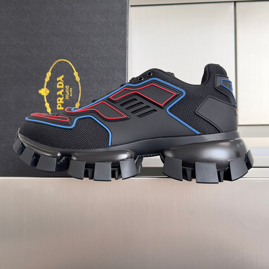 PRADA 26S CLOUDBUST THUNDER SNEAKERS 60MM IN BLACK AND RED MESH FABRIC AND TPU